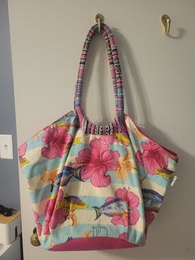 Guy Harvey Pink & Aqua Floral Fish Canvas Tote